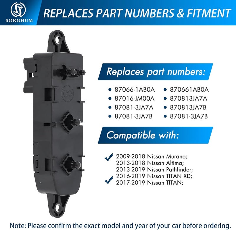 Sorghum Power Seat Switch - Front Left Driver Side Adjustment Control Compatible with 09-18 Nissan Murano 13-18 Altima 13-19 Pathfinder 16-19 Titan XD 17-19 Titan Replace# 87066-1AB0A 87016-JM00A - Image 4